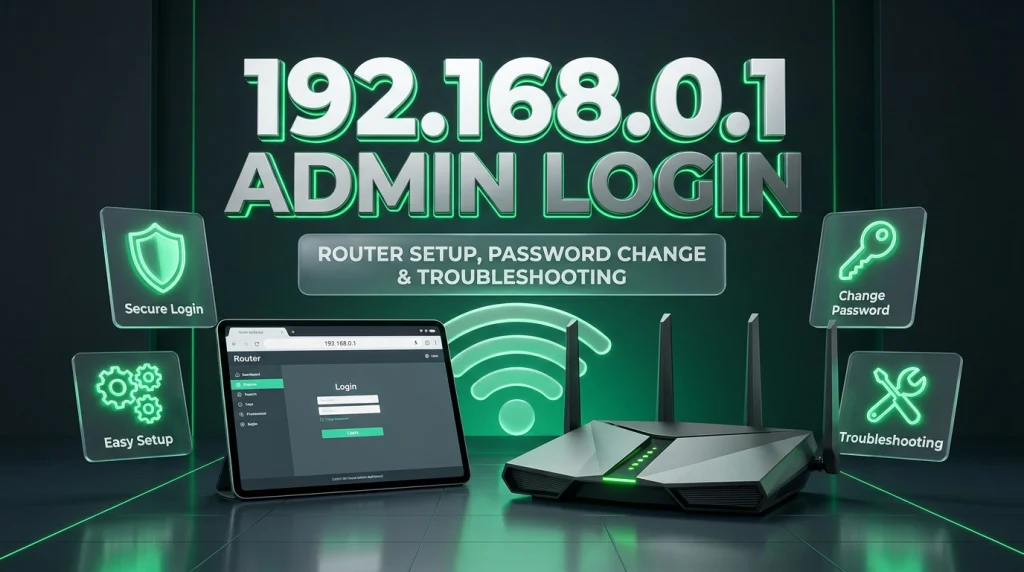 Futuristic Wi-Fi router and tablet showing 192.168.0.1 admin login dashboard with glowing emerald green security icons
