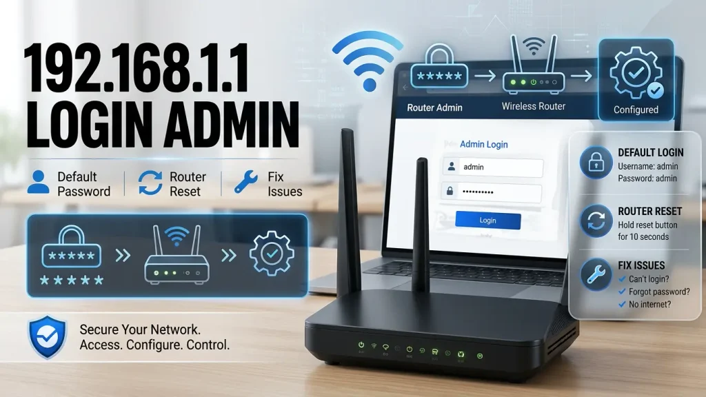 Futuristic Wi-Fi router and laptop displaying the 192.168.1.1 router admin login portal with glowing neon network security icons