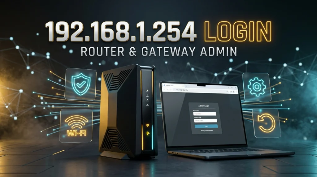 Modern fiber broadband gateway router and laptop displaying 192.168.1.254 admin login portal with electric amber holographic icons