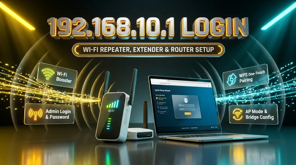 Futuristic Wi-Fi range extender booster and laptop displaying 192.168.10.1 admin login dashboard with glowing solar gold holographic badges