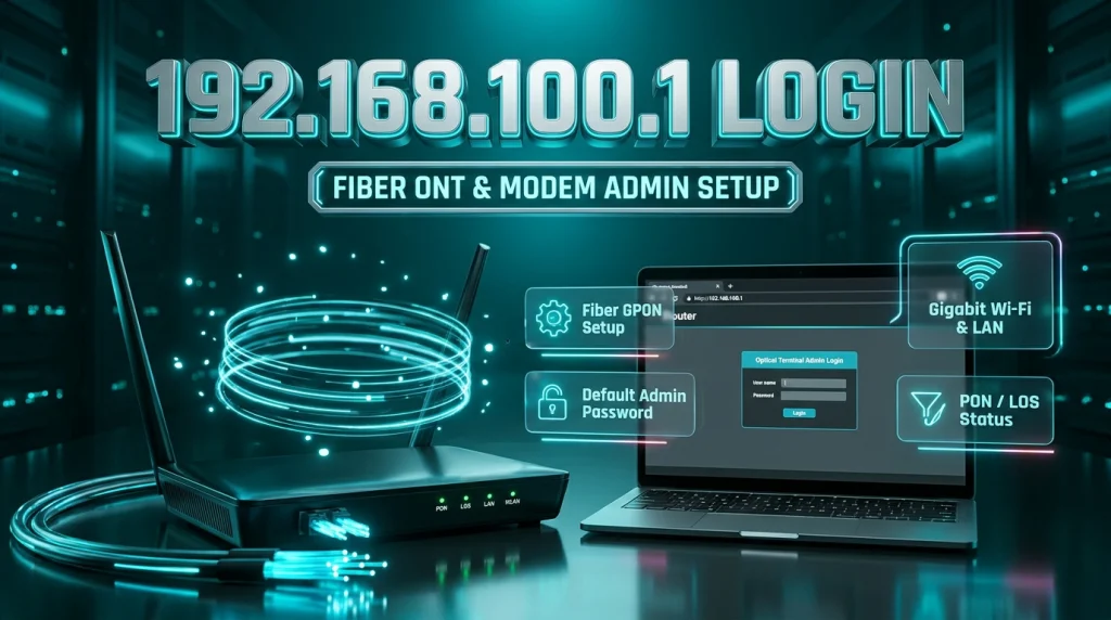 Futuristic fiber optic ONT modem and laptop showing 192.168.100.1 admin login dashboard with glowing laser cyan holographic badges