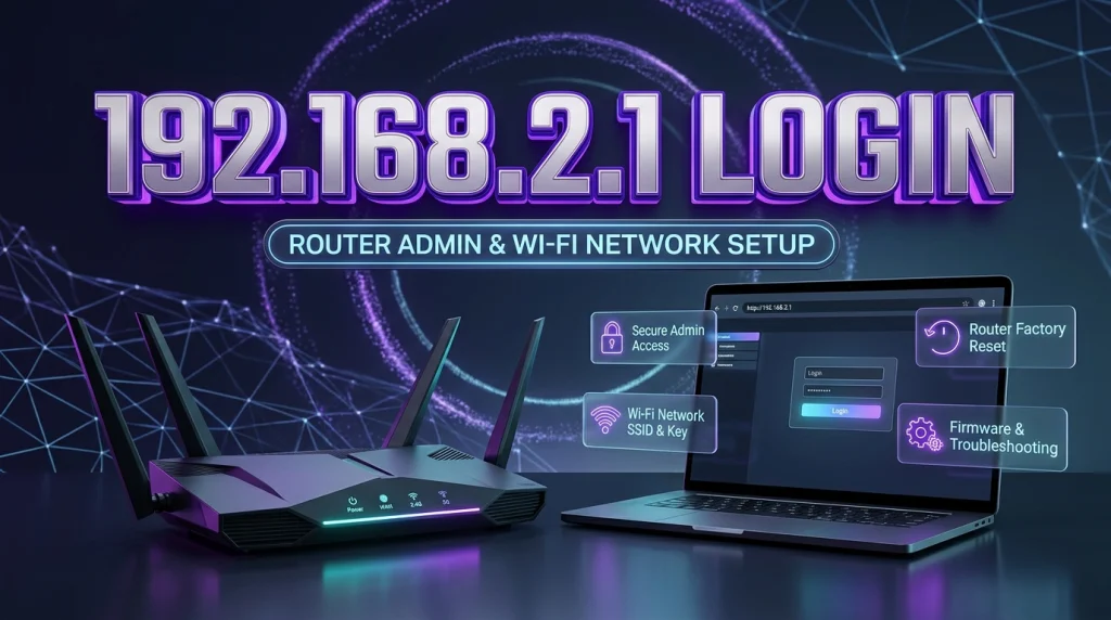 Ultra-modern Wi-Fi router and laptop displaying 192.168.2.1 admin login portal with glowing royal ultraviolet holographic icons