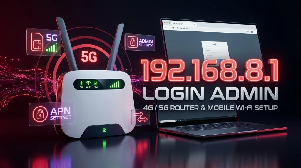Modern 5G wireless broadband SIM router and laptop showing 192.168.8.1 admin login dashboard with glowing crimson holographic icons