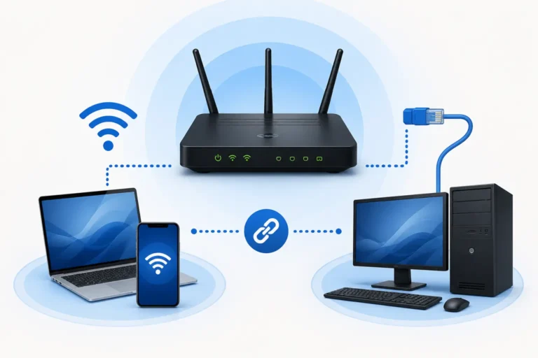 Laptop, phone and desktop connected to a router via Wi-Fi and Ethernet cable