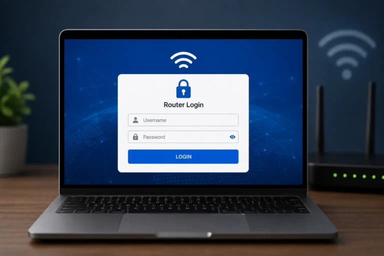 Router login page asking for username and password on a laptop
