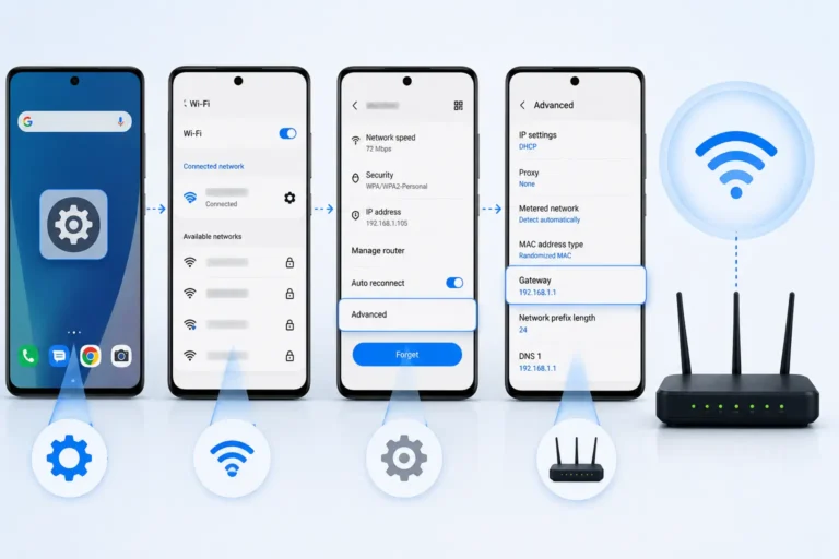 Finding the router gateway IP in Android Wi-Fi settings under Advanced