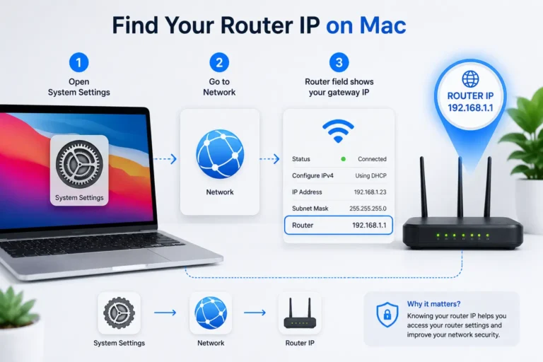 Steps to find the router IP address in Mac System Settings under Network