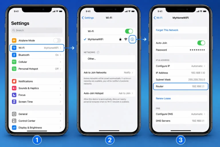 Checking the router IP address on iPhone in Wi-Fi settings using the (i) icon