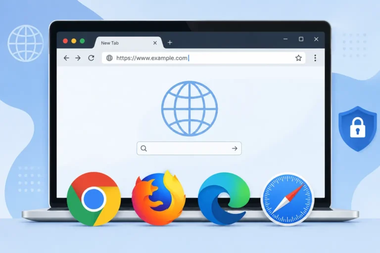 Laptop screen with Chrome, Firefox, Edge and Safari browser icons