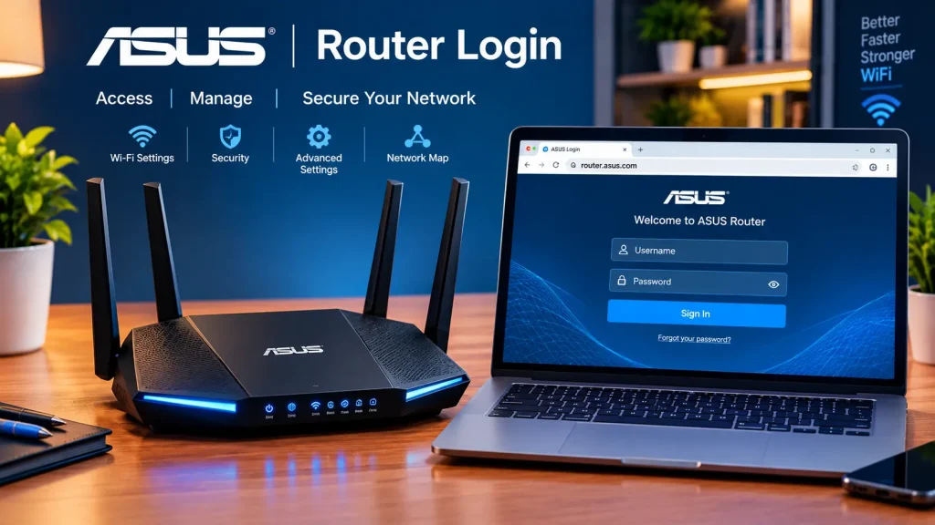ASUS WiFi router with laptop displaying the ASUS router login page at router.asus.com.