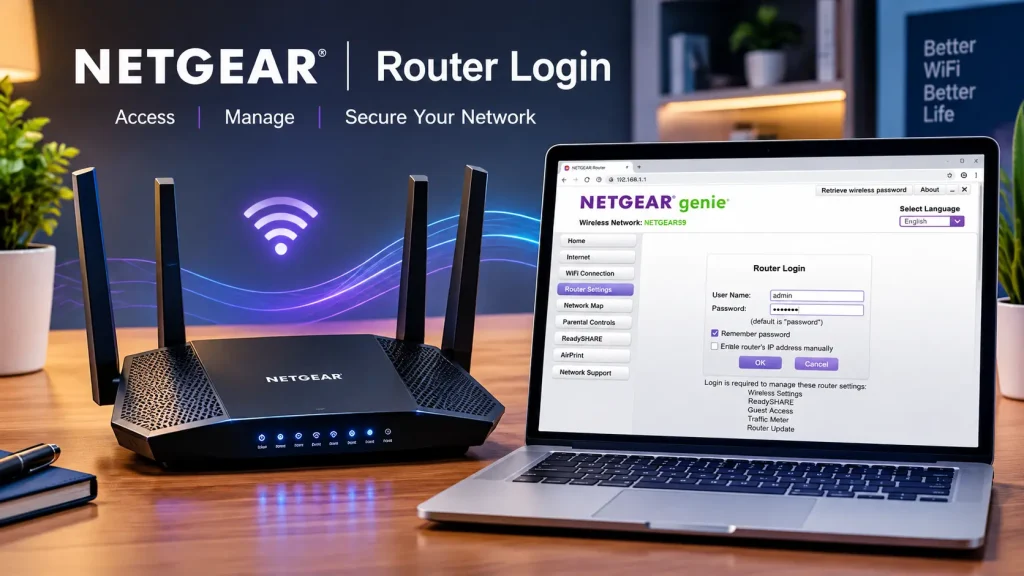 NETGEAR router with laptop displaying the NETGEAR Genie router login page.