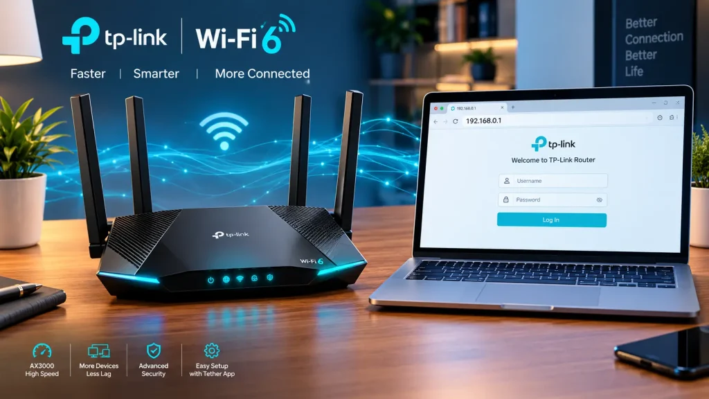TP-Link WiFi 6 router with laptop displaying the 192.168.0.1 admin login page.